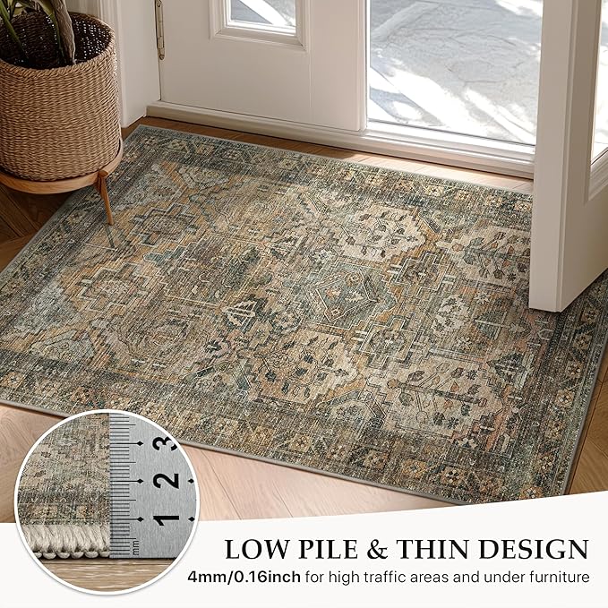 GENIMO Entryway Rug Floral Rug, 2x3 Washable Door Mat Non Slip, Thin Floor Rugs for Entryway Hallway Bathroom Laundry Room Corridor, Warm Taupe