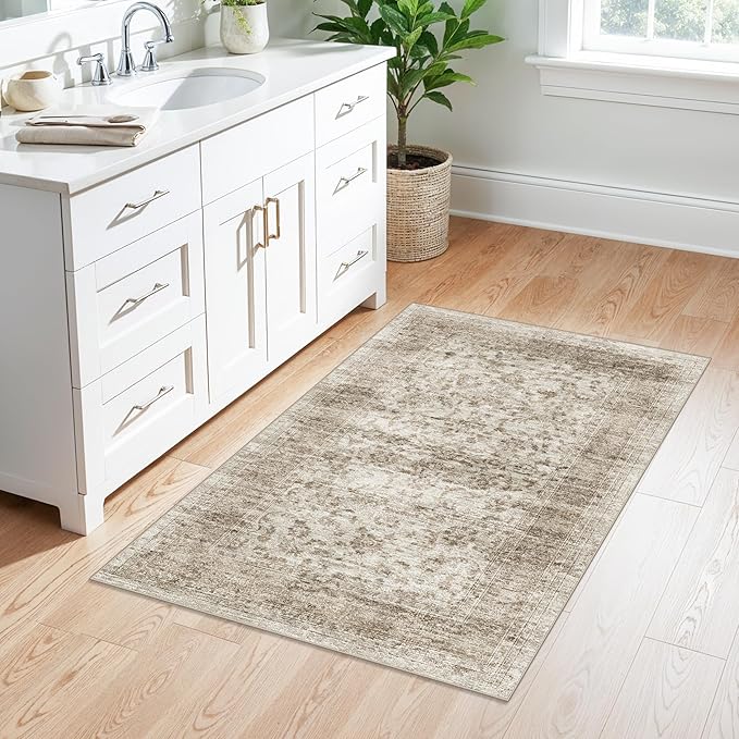 RUUGME 2x3 Entryway Rug Washable - Boho Rug Stain Resistant for Kitchen/Bathroom/Bedroom Low Pile Rubber Backed Rugs Ultra Thin Soft Home Decoration Floor Mat 2x3 Beige Brown