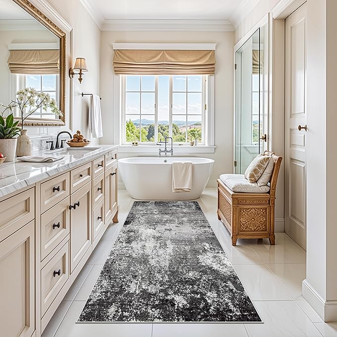 3x7 Kitchen Runner Rug – Washable Non-Slip Modern Abstract Neutral Carpet for Hallway, Entryway, Bedroom, Bathroom – Low-Pile Thin Stain-Resistant Wide Floor Runner (Black Grey,3x7)