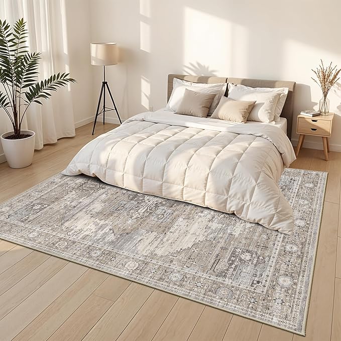 7x8 Area Rug for Living Room: Washable Ultra Thin Soft Rugs with Non-Slip Backing Oriental Easy Care Farmhouse Carpets for Bedroom Dining Room Home Office and High-Traffic Areas 7x8 Beige