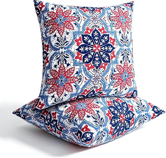 JMGBird Water-Resistant Outdoor Pillows Set of 2, 18x18 inch Durable White with Red Mandala Flower Throw Pillows with Inserts for Patio Furniture