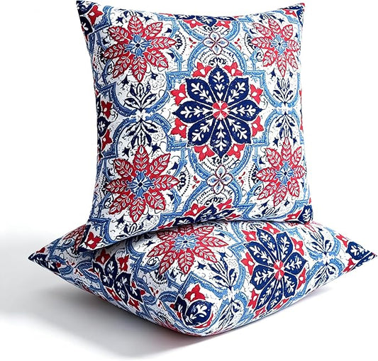 JMGBird Water-Resistant Outdoor Pillows Set of 2, 18x18 inch Durable White with Red Mandala Flower Throw Pillows with Inserts for Patio Furniture
