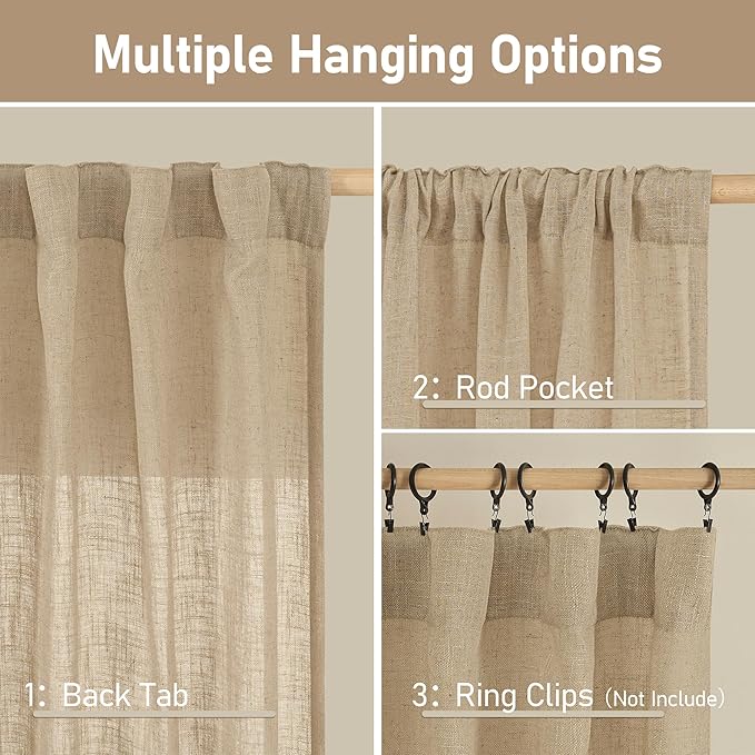 LAMIT 40 inch Small Window Linen Curtains 2 Panels, Semi Sheer Light Filtering Panels Back Tab and Rod Pocket Neutral Drapes for Basement/Loft Room/Cafe, 34 x 40 Inch