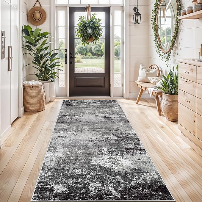 4x8 Rug Non-Slip Washable – Boho Scalloped Runner Rug for Indoor Entryway, Kitchen, Bathroom, Hallway – Low-Pile Thin Floral Wide Carpet Runner for Bedroom, Living Room, Office (Black Grey,4x8)