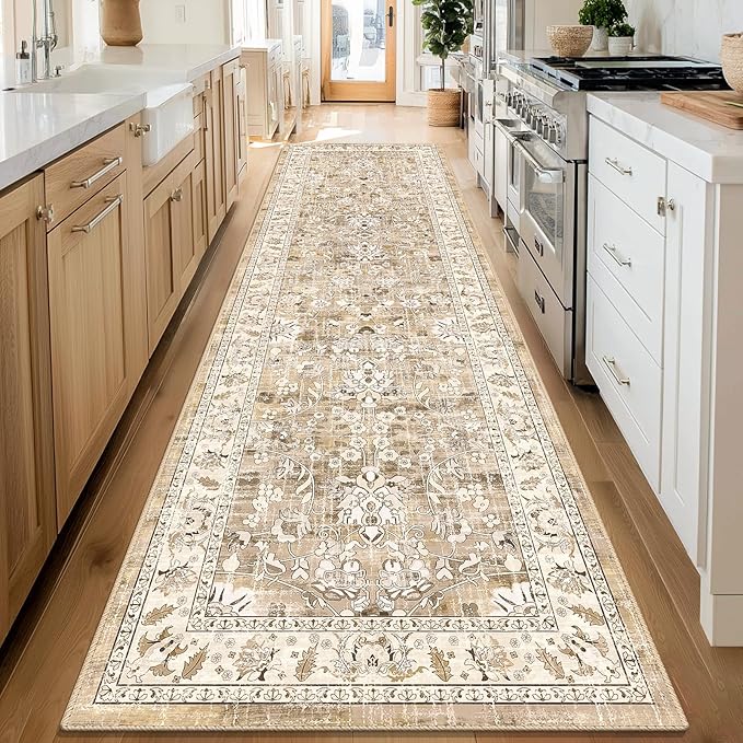 LOKHOM Washable Runner Rug, 3x10 Non-Slip Vintage Kitchen Runner Rug with Rubber Backing, Boho Floral Soft Faux Wool Hallway Rug Carpet Runner for Laundry Entryway Bedroom (Beige Brown)