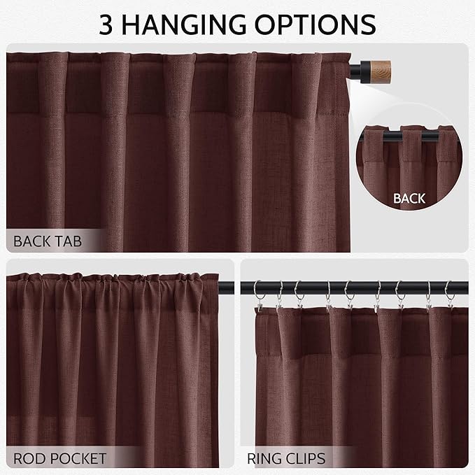 Nanspring Reddish Brown Linen Curtains 84 Inch Length 2 Panels Set for Living Room Back Tab Light Filtering Semi Sheer Curtain for Bedroom Farmhouse Drapes, 52x84 Inch, 2 Panels