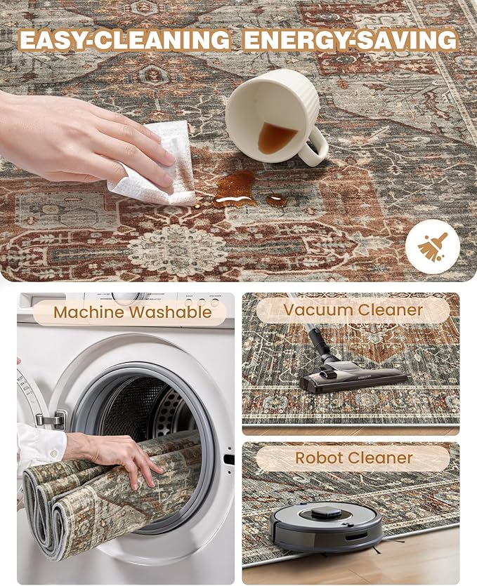 Runner Rug 2x10, Ultra-Thin Kitchen Rugs Non Slip Washable Rugs for Entryway Rug, Kitchen Runner Low Pile Vintage Soft Carpets for Living Room, Bathroom Bedroom (Grey/Brown/Tan,2'x10')