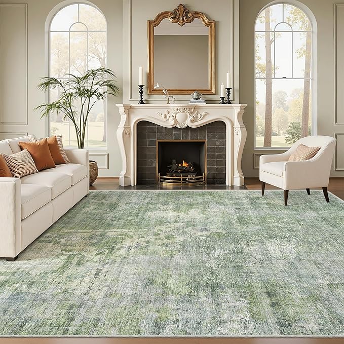 Soalmost 9x12 Area Rugs for Living Room, Non-Slip Machine Washable Vintage Rugs, Abstract Low Pile Lightweight Large Rug for Bedroom, Dining Room, Home Office Green Ivory
