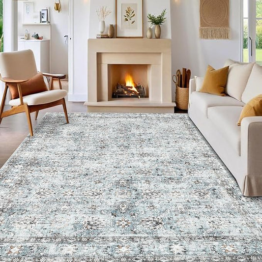 GarveeHome Washable Rugs 8x10 Area Rugs for Living Room Bedroom, Ultra Soft Retro Carpet, Non Slip & Non-Shedding Low Pile Vintage Floral Print Large Floor Mats for Home Decor, Grey and Blue