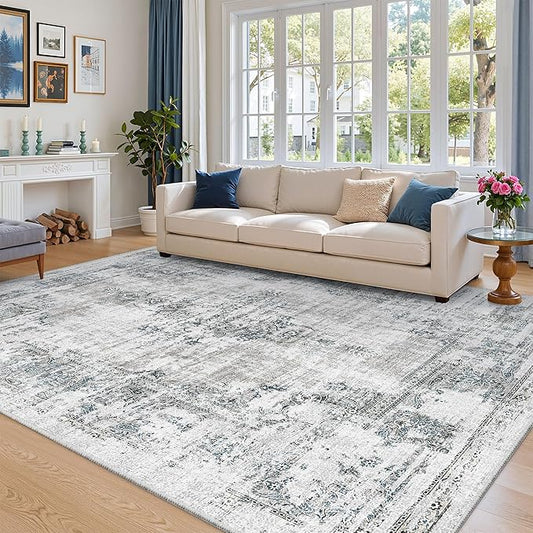 Madane 8x10 Area Rugs for Living Room, Machine Washable Vintage Rug with Non-Slip Backing, Soft Throw Large Rug, Thin Carpet for Bedroom Dining Room Farmhouse Under Table, Blue/Grey