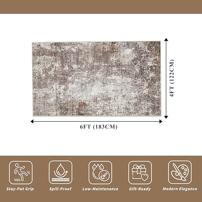 4x6 Washable Kitchen Rug –Non-Slip Small Area Rug for Bedroom, Entryway, Living Room, Office – Soft Modern Abstract Neutral Indoor Carpet (Brown Beige,4x6)