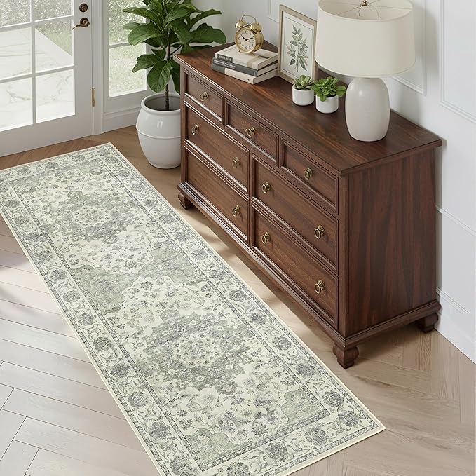 Washable Hallway Runner Rug - 2x6 Kitchen Rug Distressed Low Pile Mats Non Slip Soft Rugs for Dining Room with Rubber Backing Bedroom Runner with Vintage Design (Green 2x6)