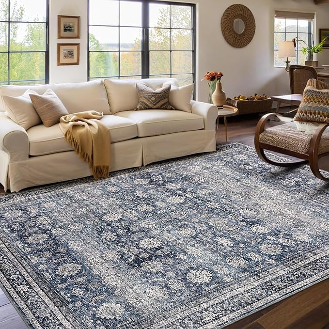 GarveeHome Area Rugs 3x5 Vintage Printed Floor Carpet with Non-Slip Backing, Stain-Resistant Oriental Throw Bedside Washable Farmhouse Low Pile Rugs for Living Room, Bedroom, Office, Blue