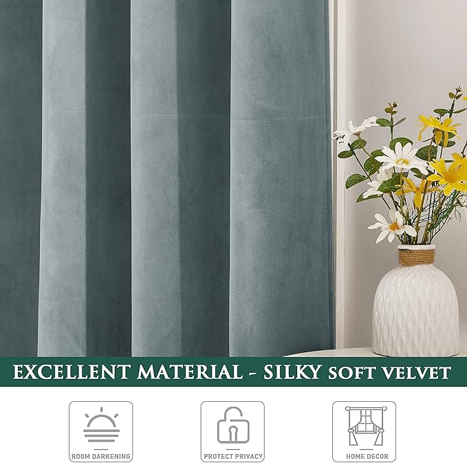 StangH Velvet Curtains 96 inches Long - Elegant Decor Home Office Curtain Panels Privacy Assured & Block Out Sunlight for French Door/Boys Room/Living Room, Stone Blue, W52 x L96, 2 Panels