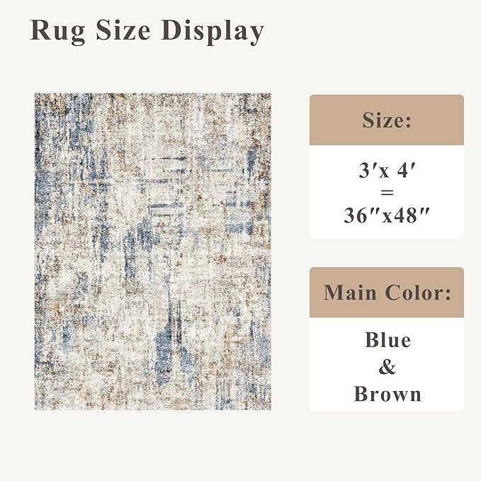 3x4 Rug Washable for Entryway - Non-Slip Modern Small Indoor Area Rug for Bathroom,Living Room，Bedroom - Abstract Neutral Soft Low-Pile Throw Mat with Rubber Backing (Blue Brown)