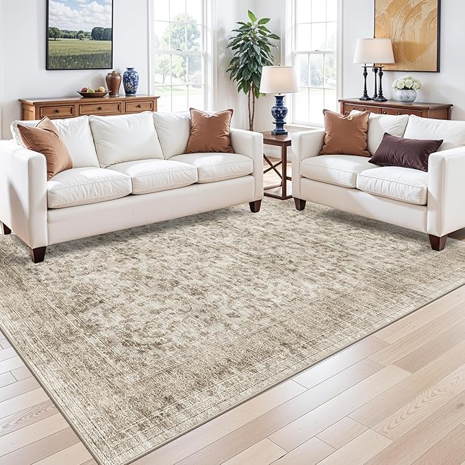 Washable Rugs 7x9 Area Rugs for Living Room - Oriental Rugs Non Slip&Non-Shedding Vintage Carpets Ultra-Soft Stain Resistant Print Rug Indoor for Home Office Decor 7x9 Beige Brown
