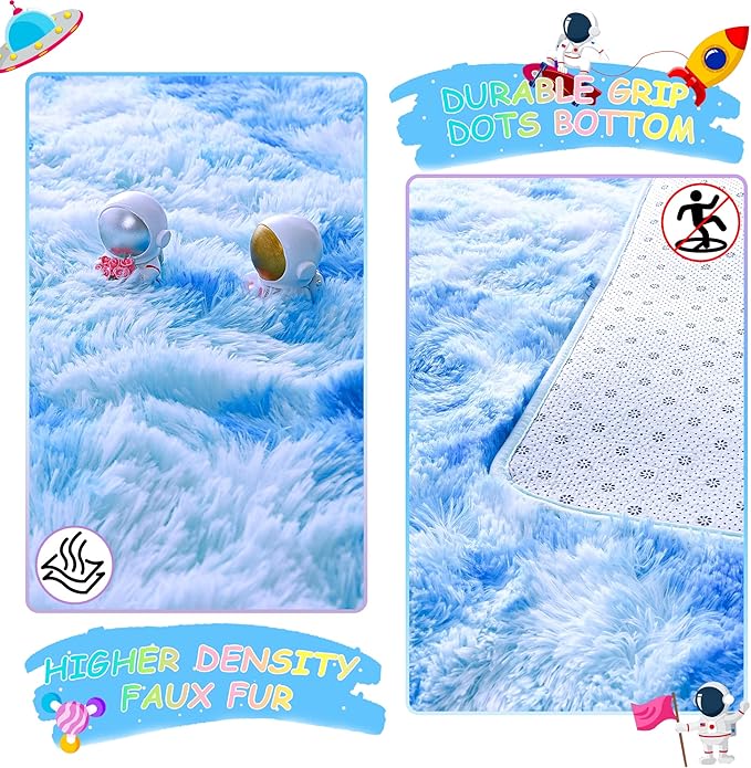 Noahas 4x6 Fluffy Kids Rugs for Room,Soft Blue Tie-Dyed Rainbow Rug for Girls Bedroom,Soft Colorful Playroom Shag Nursery Carpets Room Decor