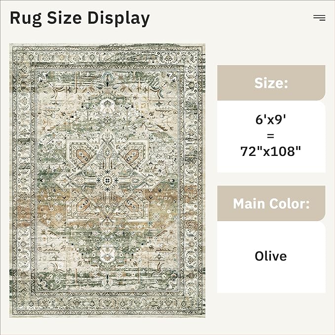Soalmost 6x9 Area Rugs for Living Room Non-Slip Washable Rugs 6x9 Vintage Rug for Bedroom Dinning Room Ultra-Thin Area Rugs Farmhouse Home Decor Olive/Beige