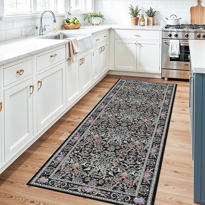 3x10 Botanical Hallway Runner Rug - Non-Slip Washable Long Kitchen Entryway Carpet Runner with Rubber Backing, Boho Floral Soft Low Pile Stain-Resistant (Vibrant Black)