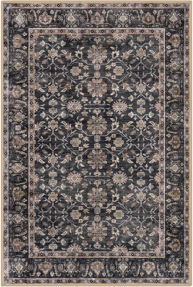 KUTA 3x5 Rugs for Entryway, Vintage Floral Area Rug Washable Non-Slip Brown Ultra Thin Soft Printed Distressed Entry Low-Pile Throw Carpet for Bedroom Nursery Living Room