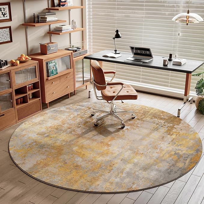 Beige Gold Round Area Rugs 4ft Washable Circle Rug for Entryway Kitchen, Non Slip Soft Low Pile Stain Resistant, Boho Circular Carpet for Living Room Bedroom Dorm Dining Room Table, Abstract Tan