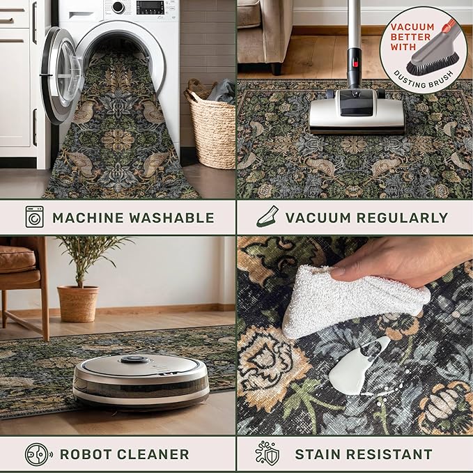 Large Entryway Rugs Indoor - 3x4 Washable Rugs for Kitchen Bedroom Beside Bed Door Mat Indoor Entrance with Moody Woodland Flowers, Non Slip Stain Resistant Low Pile