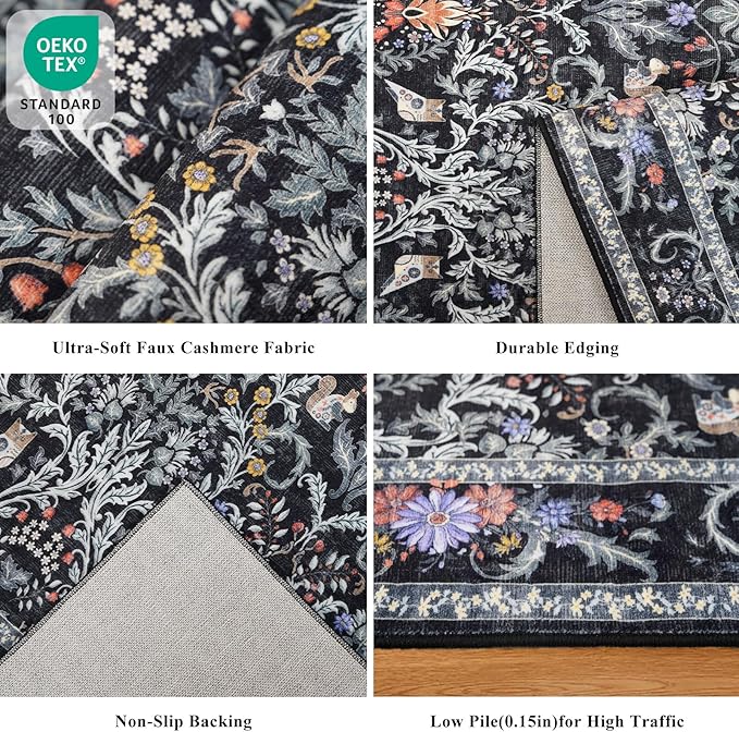 2x3 Entryway Rug Washable Non-Slip - Soft Low Pile Botanical Small Area Rug for Kitchen Bedroom - Boho Floral Indoor Door Mat with Rubber Backing (Vibrant Black, 2x3)