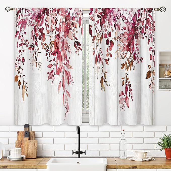Wooden Burgundy Eucalyptus Small Kitchen Curtains Red Leaves Window Treatment Flower Floral Plant Botanical Cafe Short Curtains for Bathroom Dining Fall Tier Treatment Drapes 27.5x39 inch