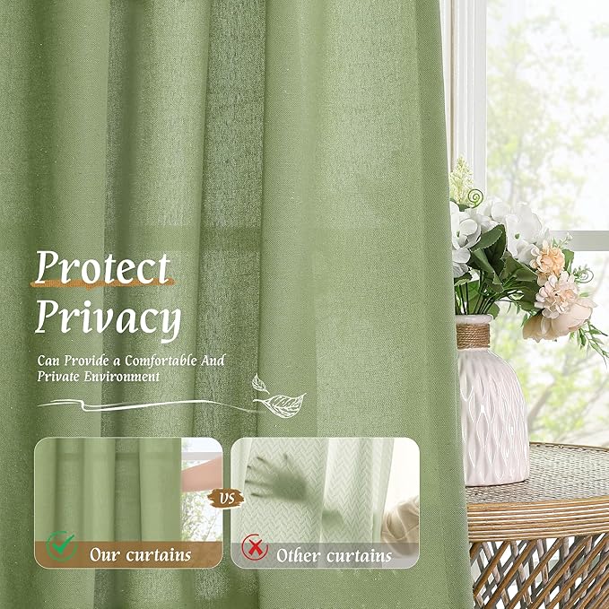 LAMIT Sage Green Linen Curtains for Small Windows, 45 Inches Long Light Filtering Panels Rod Pocket Neutral Privacy Drapes for Kitchen/Window/Bedroom, 2 Panels, 42 x 45 Inch