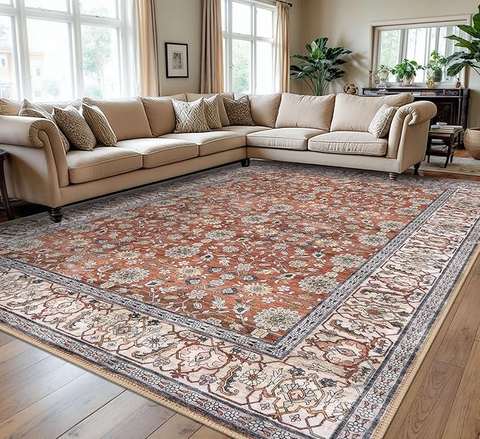 KUTA Vintage Floral 9x12 Area Rug, Large Washable Rugs for Living Room Non Slip, Red Clay Ultra Thin Soft Print Distressed Flower Low-Pile Traditional Carpet for Bedroom Dining Room Dorm Office