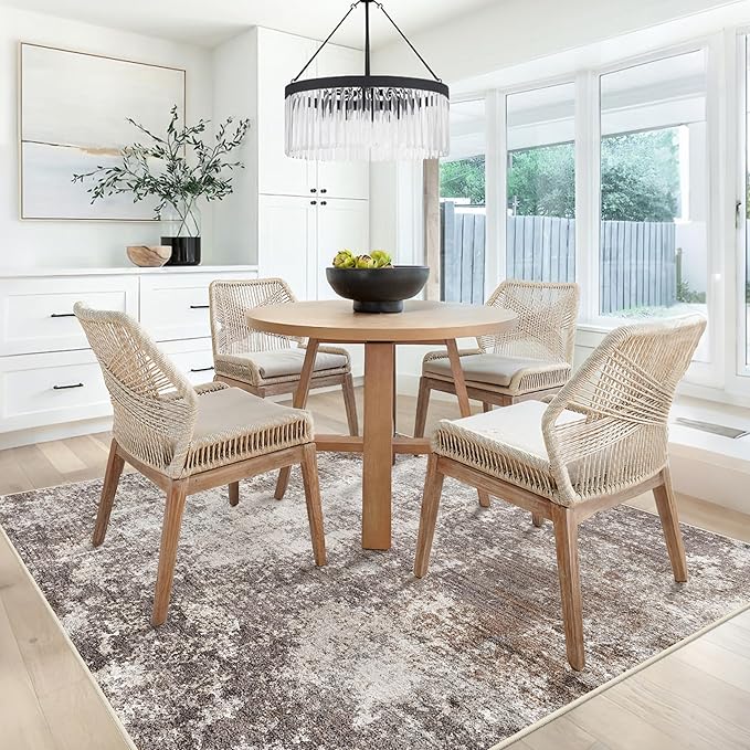 7x7 Area Rug Square Washable – Non-Slip Soft Indoor Carpet for Dining Room Living Room Kitchen Bedroom – Modern Abstract Neutral Low-Pile Accent Rug (Brown Beige, 7x7)