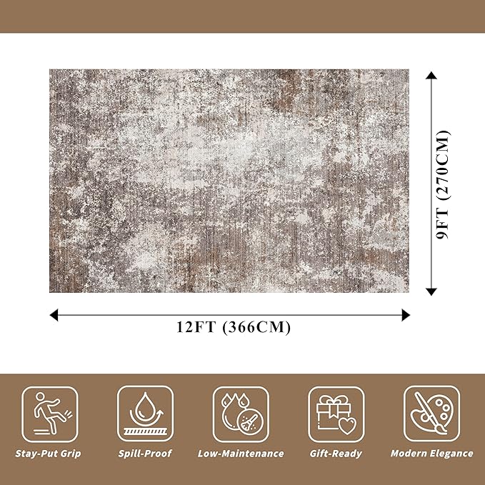 9x12 Washable Living Room Rug - Modern Abstract Neutral Soft Large Area Rugs for Bedroom Dining Room Home Office, Non-Slip Low Pile Thin Stain-Resistant Indoor Carpet (Brown Beige,9x12)
