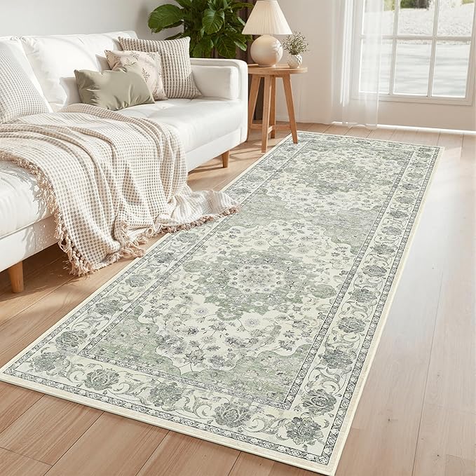 Washable Hallway Runner Rug - 3x8 Floor Carpet Rug Distressed Low Pile Mats Non Slip Soft Rugs for Dining Room with Rubber Backing Bedroom Runner with Vintage Design (Green 3x8)