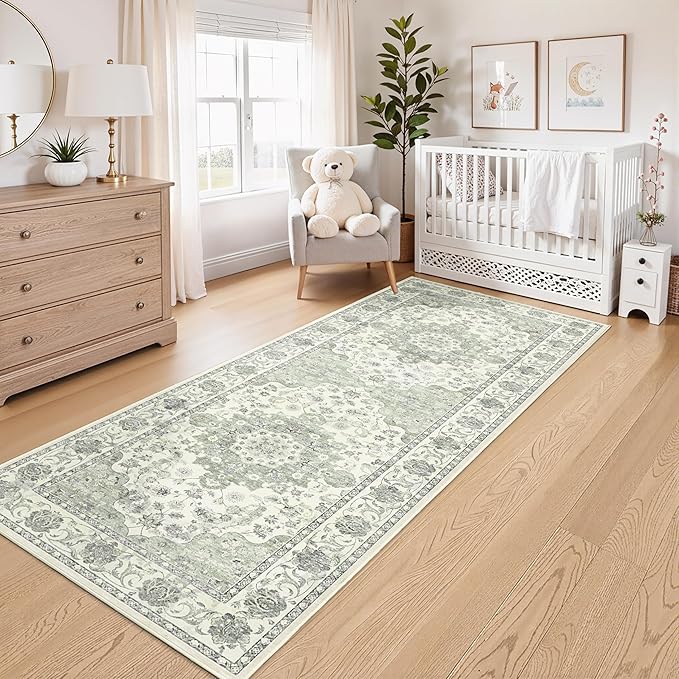 Washable Hallway Runner Rug - 3x8 Floor Carpet Rug Distressed Low Pile Mats Non Slip Soft Rugs for Dining Room with Rubber Backing Bedroom Runner with Vintage Design (Green 3x8)