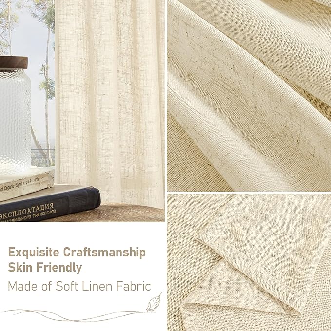 LAMIT Beige Linen Cafe Curtains 24 Inch Length, Semi Sheer Light Filtering Window Panels Back Tab and Rod Pocket Drapes for Kitchen/Small Windows, 25 x 24 Inch, 2 Panels
