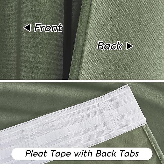 RYB HOME Sage Green Velvet Curtains 80 inches with Hook Belt, Soft Fabric Room Darkening Thermal Insulated Luxurious Home Decor Curtains for Living Room Bedroom, W 52" x L 80", 2 Panels Set