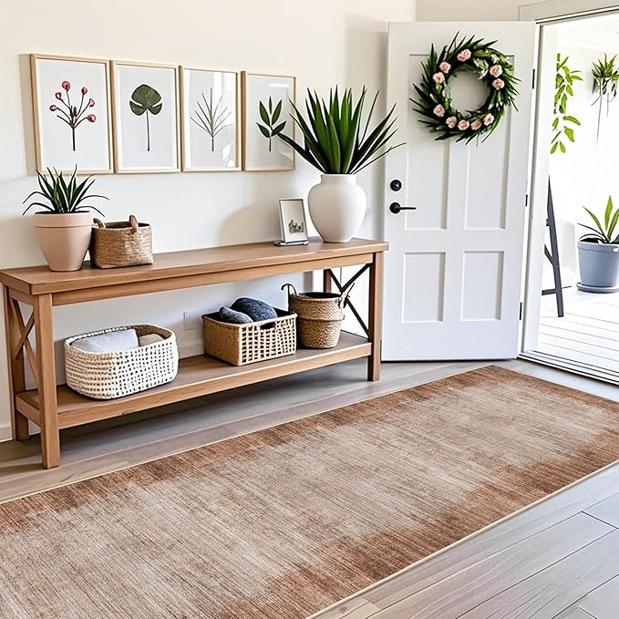 4x8 Washable Indoor Entryway Rug – Non-Slip Rubber Backed Floor Mat for Kitchen, Hallway, Bedroom – Modern Abstract Low-Pile Thin Wide Carpet Runner for Bathroom, Living Room, Office (Warm Taupe, 4x8)