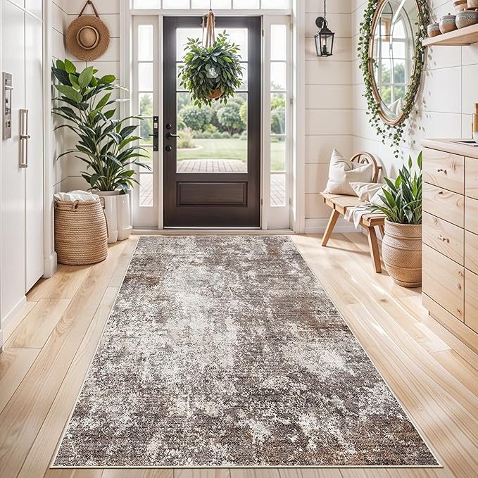 4x5 Washable Entryway Rug – Non-Slip Low Pile Throw Area Rug for Bathroom Kitchen Living Room Bedroom – Modern Abstract Neutral Soft Indoor Small Carpet (Brown Beige,4x5)