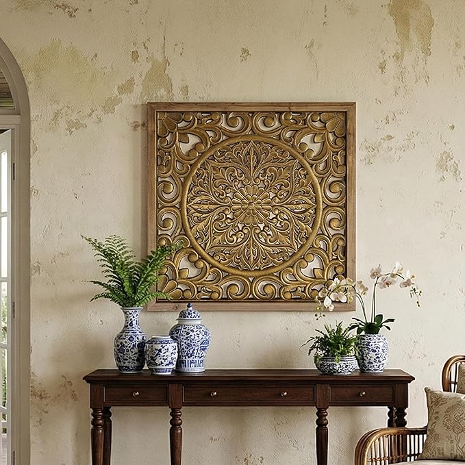 XIAOAIKA Boho Carved Wood Wall Sculpture, Intricate Floral Mandala Design with Distressed Gold Finish, Vintage Farmhouse Wall Art Panel with Solid Wood Frame for Bedroom Entryway (22.5" x 22.5")