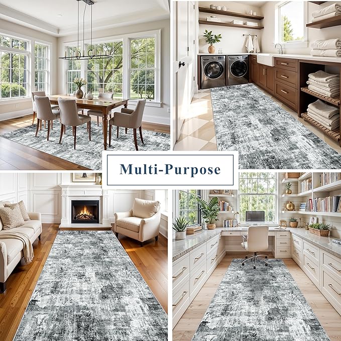 4x10 ft Extra Wide Hallway Rug – Non-Slip Washable Rubber-Backed Large Carpet Runner for Kitchen, Entryway | Modern Abstract, Low-Pile Thin Floor Mat for Bedroom Living Room Dining Room（Grey）