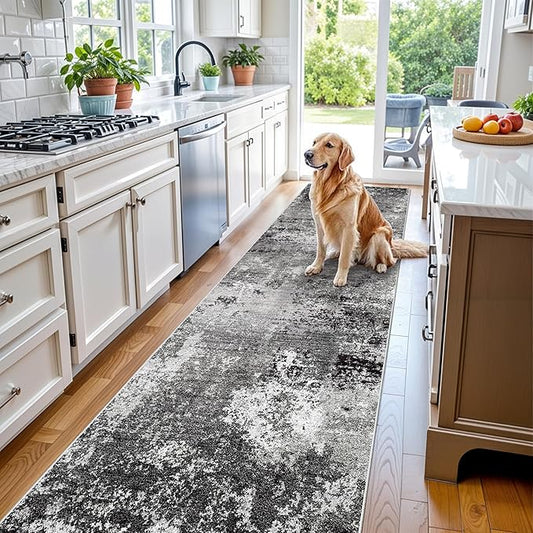3x12 ft Long Hallway Runner Rug – Non-Slip Washable Carpet Runner for Kitchen Entryway Bathroom Modern Abstract Neutral Low-Pile Thin Stain-Resistant (Black Grey 3x12)