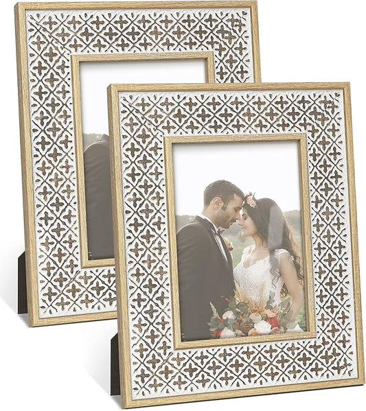 Afuly 5x7 Picture Frames Distressed Moroccan Relief Boho Photo Frame Shabby Chic 3D Cross Pattern Frame for Wall Tabletop, Wedding Birthday Gifts for Mom Grandma, Set of 2