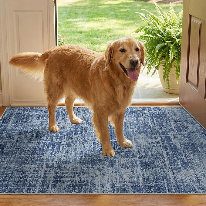 2x3 Washable Area Rug for Entryway - Small Abstract Neutral Kitchen Rug with Anti-Skid Rubber Backing Soft Low Pile Thin Carpet for Bedroom Bathroom Pet Feeding Zone (2x3, Blue)