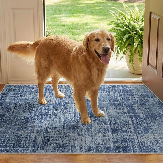 2x3 Washable Area Rug for Entryway - Small Abstract Neutral Kitchen Rug with Anti-Skid Rubber Backing Soft Low Pile Thin Carpet for Bedroom Bathroom Pet Feeding Zone (2x3, Blue)