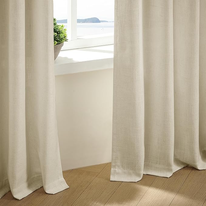 Beige Pleated Linen Curtains 105 Inches Long 2 Panels for Living Room Bedroom Memory Training Shaped Semi Sheer Neutral Flax Burlap Pinch Pleat Drapes Hooks Rings Light Filtering Window Curtain