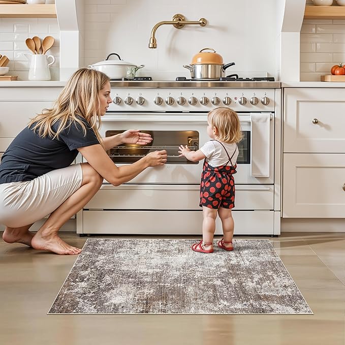 2x3 Washable Non-Slip Area Rug – Small Throw Rug for Kitchen, Entryway, Bedroom, Bathroom – Modern Abstract Neutral Soft Low Pile Thin Indoor Door Mat (Brown Beige,2x3)