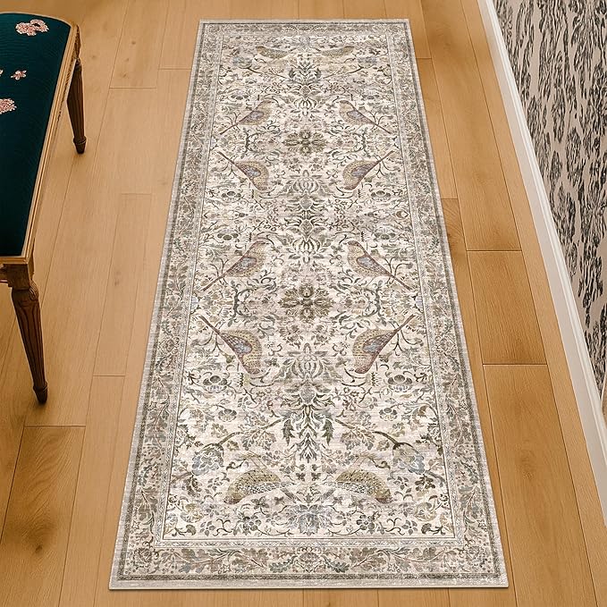 Vintage 2x6 Washable Runner Rugs for Kitchen, Bedside Rug for Bedroom, Entryway, Hallway, Non Slip Moss Bathroom Carpet, Traditional Home Décor with Floral Bird Pattern (Moss)