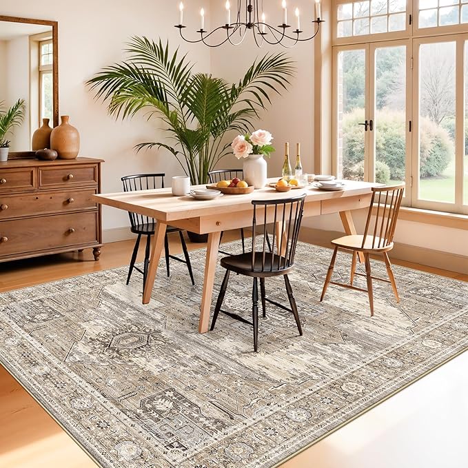 RUUGME 6x8 Washable Oriental Area Rug - Living Room Rugs with Non Slip Backing Soft Stain Resistant Carpet for Bedroom Kitchen Ultra Thin Low Pile Home Decor Floor Mat for Bathroom Nursery 6x8 Beige