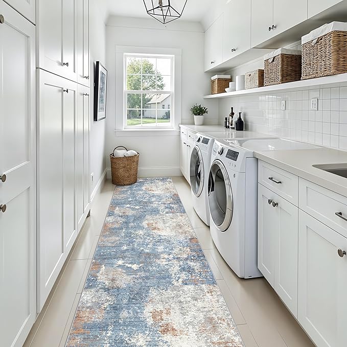 3x15 Ft Long Hallway Runner Rug – Non-Slip Washable Kitchen Floor Rug with Rubber Backing, Modern Low Pile Thin Wide Carpet Runners for Bedroom, Entryway Indoor (Blue Rust,3x15)
