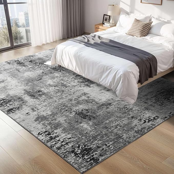 Living Room Rug 7x10 Gray Area Rugs Machine Washable Abstract Boho Large Rug Non-Slip Non-Shedding Faux Wool Indoor Vintage Carpet for Bedroom, Classroom, Dining Room, Kids Playroom
